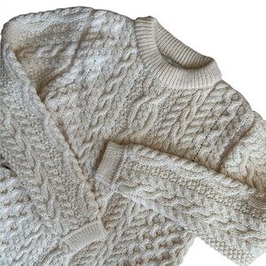 NWOT Aran Mor 100% Merino Wool Ivory Cable Knit Pullover Sweater unisex Size S